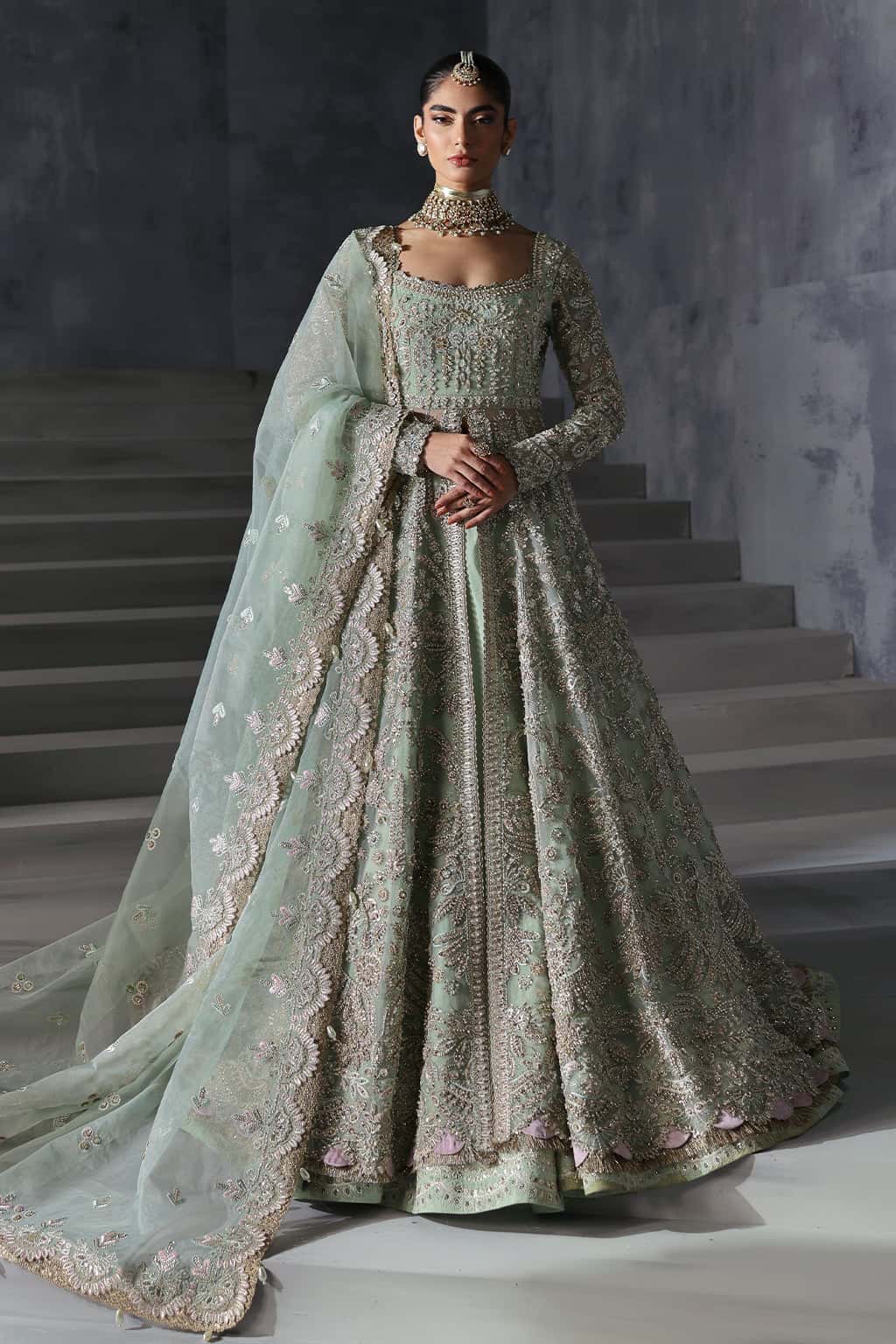 slim fit dress slacks Sea Green Organza Pakistani Suit | Zevk Wedding Formals
